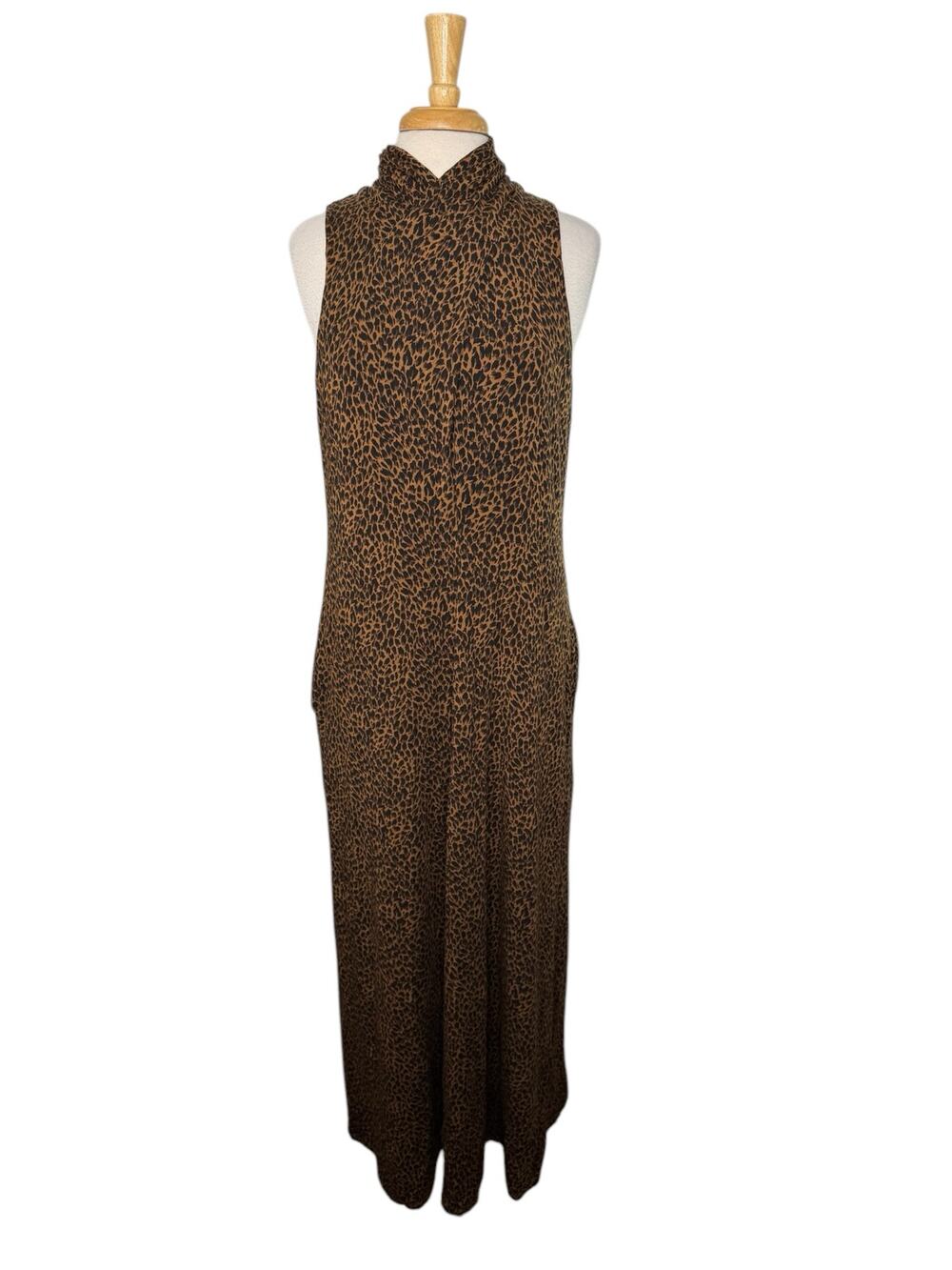 GARNET HILL Mock-Neck Knit Maxi Dress in Animal Print Sz Large Brown Black 49209